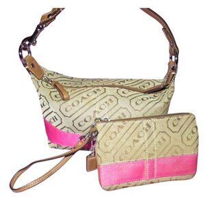 Coach Limited Edition Canvas Leather Pink Stripe Demi Baguette bag wristlet Set